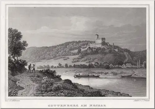 GUTTENBERG am Neckar. Gesamtansicht. Originaler Stahlstich, Umbach um 1850