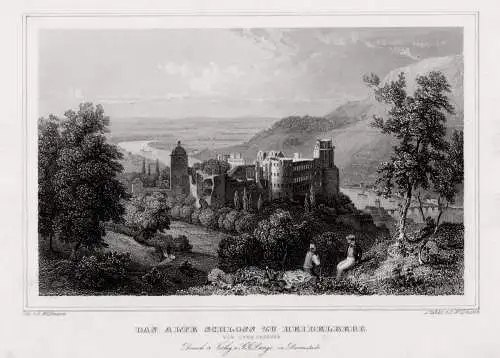 Heidelberg: Das alte Schloss, Originaler Stahlstich, Wikkmann um 1850