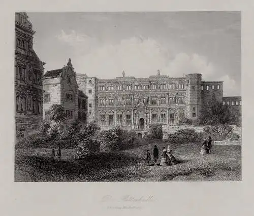 Heidelberg: Ritterhalle und Schloss, Originaler Stahlstich um 1850