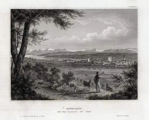 Konstanz, Bodensee, Gesamtansicht mit Alpen. Echter Stahlstich um 1850