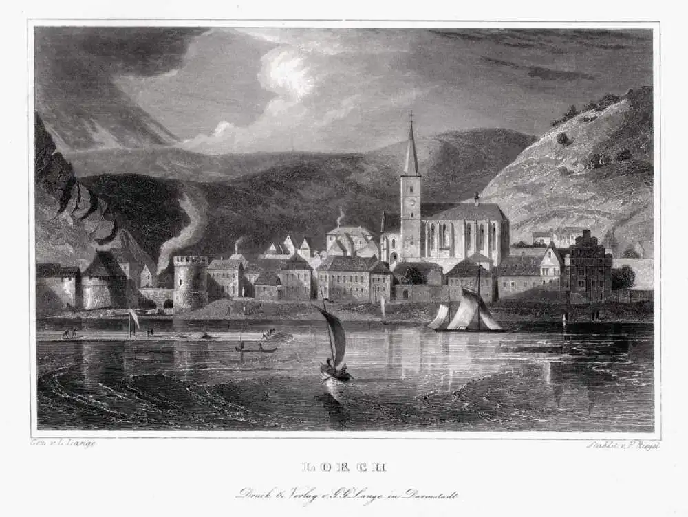 Lorch /Rhein. Gesamtansicht Originaler Stahlstich um 1850 0