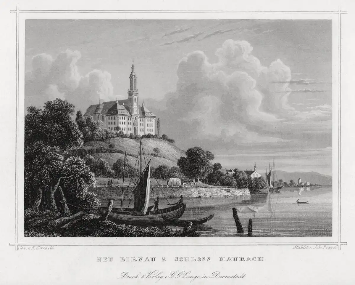 Neu-Birnau und Schloss Maurach Bodensee. Original Stahlstich Poppel um 1850 0