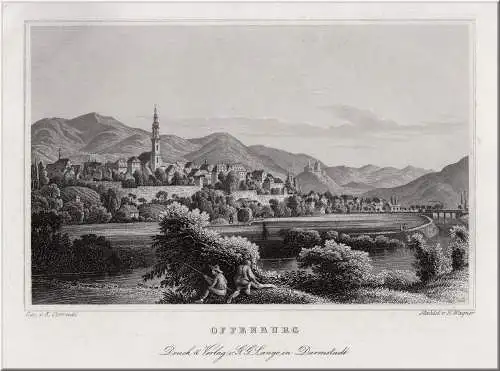 Offenburg im Schwarzwald, Gesamtansicht. Originaler Stahlstich um 1850