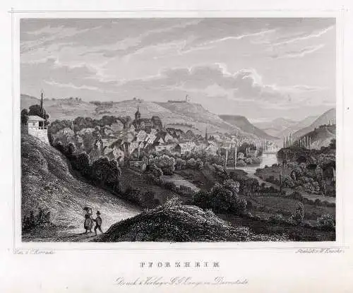 Pforzheim, Gesamtansicht. Originaler Stahlstich, Knocke um 1840