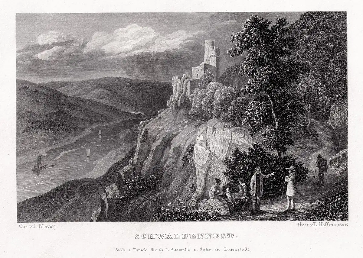 SCHWALBENNEST/ Neckar mit Burgruine. Originaler Stahlstich um 1850 0