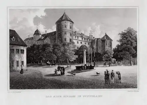 Stuttgart. Das alte Schloß. Original Stahlstich Emden um 1840