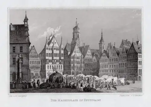 Stuttgart. Der Marktplatz. Original Stahlstich Gerstner um 1840