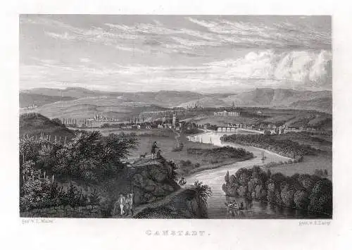 STUTTGART: Bad Cannstadt. Gesamtansicht. Originaler Stahlstich um 1850