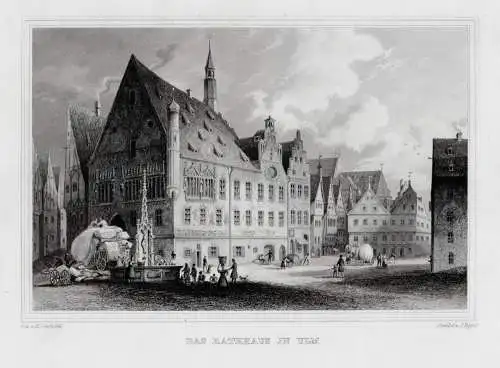 ULM- Das Rathaus. Originaler Stahlstich Poppel um 1840