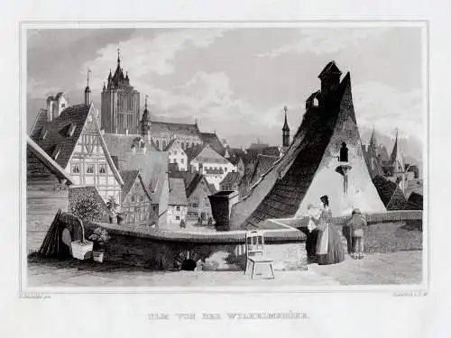 ULM- Von der Wilhelmshöhe. Originaler Stahlstich Poppel um 1840