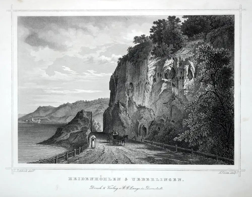 ÜBERLINGEN / Bodensee. Ansicht mit den Heidenhöhlen. Originaler Stahlstich um 1850 0