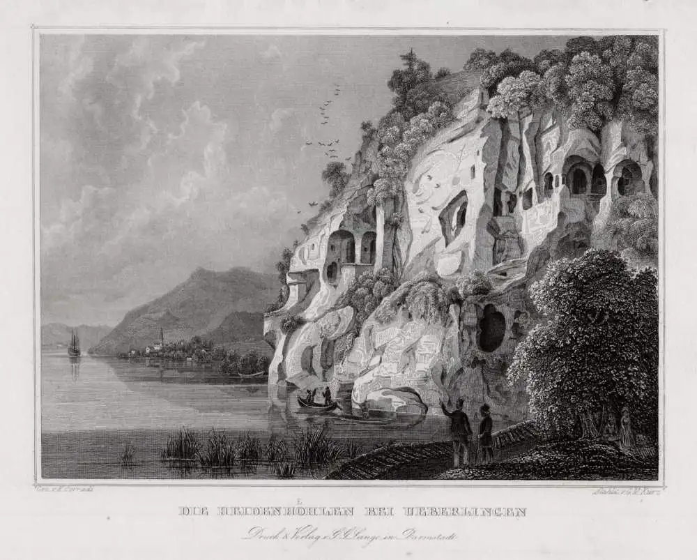 Überlingen am Bodensee. Heidenhöhlen. Originaler Stahlstich um 1850 0