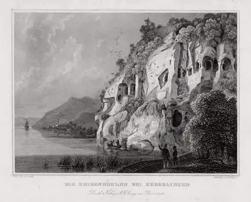 Überlingen am Bodensee. Heidenhöhlen. Originaler Stahlstich um 1850