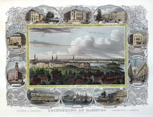 HAMBURG - Erinnerung an Hamburg Blatt mit 11 Ansichten, handkoloriert, 1855