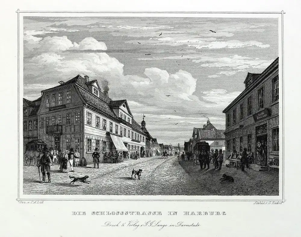 Hamburg - HARBURG: Schloßstrasse - Orig. Stahlstich v. / Lill um 1840 0