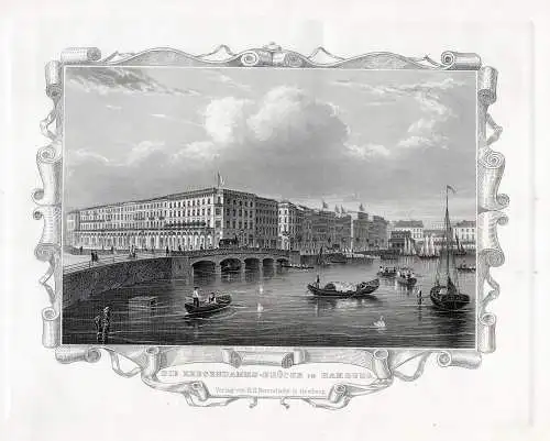 HAMBURG: Reesendamm-Brücke., Originaler Stahlstich, James Gray 1852