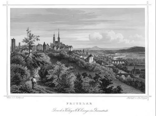 Fritzlar - Gesamtansicht. Originaler Stahlstich (Poppel) um 1860