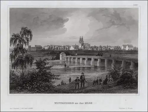 WITTENBERG an der Elbe, Gesamtansicht - Stahlstich um 1850