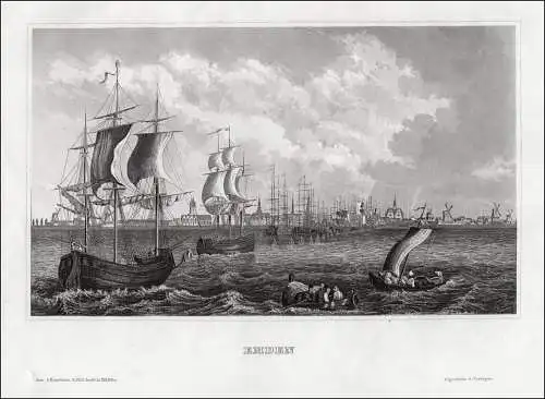 EMDEN. Ansicht vom Meer aus. Originaler Stahlstich um 1850