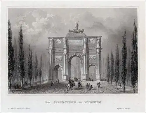 München Siegestor mit Feldherrenhalle. Stahlstich um 1850