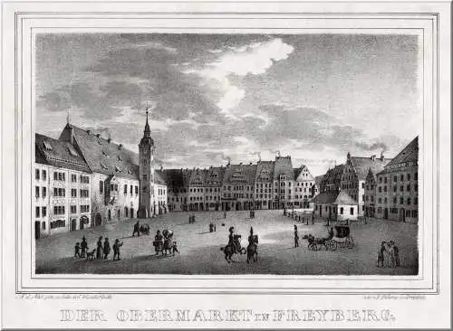 Freiberg. Der Obermarkt. Originale Lithographie aus Saxonia um 1840