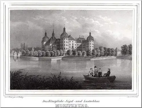 Dresden: Schloss Moritzburg. Originale Lithografie, Arldt um 1840