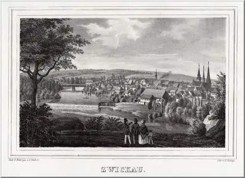 Zwickau. Gesamtansicht Originale Lithografie, Lnäbig um 1840