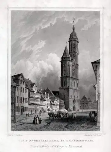 BRAUNSCHWEIG: St. Andreaskirche. Originaler Stahlstich, Poppel um 1850