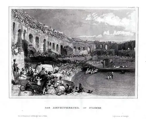 Frankreich: Nismes Das Amphitheater. Originaler Stahlstich um 1850