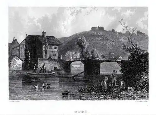 Solingen-Burg. Angler an der Wupper. Echter Stahlstich um 1850