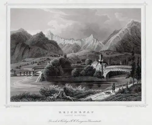 Schweiz: Reichenau / Graubünden. Original Stahlstich, Poppel um 1850