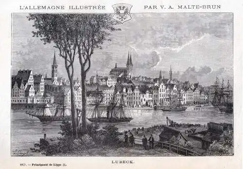 Lübeck. Originaler Holzstich um 1885, Malte-Brun