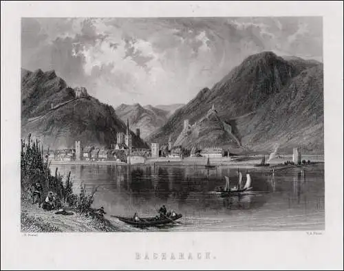 Bacharach am Rhein. Gesamtansicht Original Stahlstich Prior um 1870