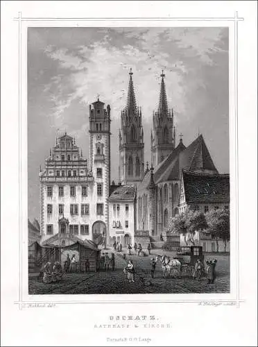 Oschatz. Rathaus & Kirche Original Stahlstich Heisinger um 1860