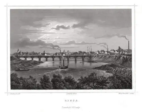 Riesa. Ansicht mit Elbbrücke Originaler Stahlstich, Knopfmacher 1857