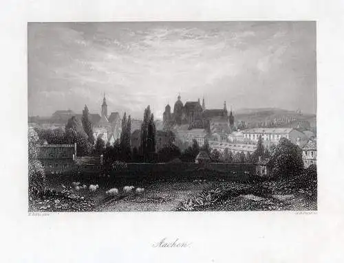 Aachen, Gesamtansicht. Originaler Stahlstich um 1850