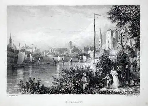 Breslau Wroclaw Teilansicht mit Oder. Originaler Stahlstich um 1840