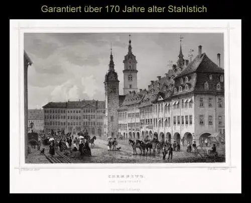 Chemnitz, Marktplat. Echter Stahlstich, Kurz um 1860