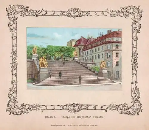 Dresden-Treppe zur Brühlschen Terrasse  Original Farblitho um 1890