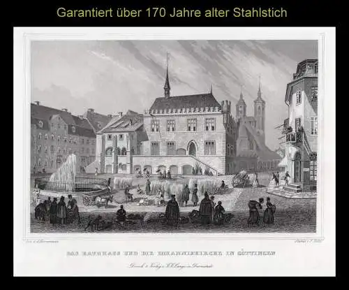 GÖTTINGEN: Das Rathaus und Johanniskirche. Originaler Stahlstich um 1850