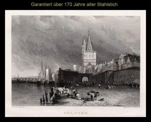 KÖLN - Blick vom Rhein aus. Originaler Stahlstich von 1833