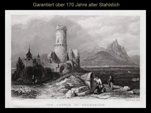 Bad Godesberg - Blick zum Drachenfels . Originaler Stahlstich von 1833