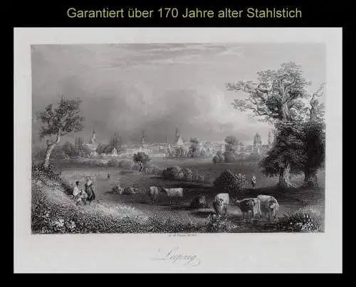 LEIPZIG: Ansicht aus der Ferne. Originaler Stahlstich um 1850