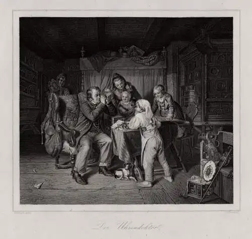 Uhrmacher, der Uhrendoktor, echter Stahlstich um 1850