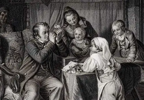 Uhrmacher, der Uhrendoktor, echter Stahlstich um 1850