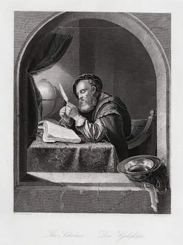 Der Gelehrte: Porträt. Originaler Stahlstich n. Mieris um 1850