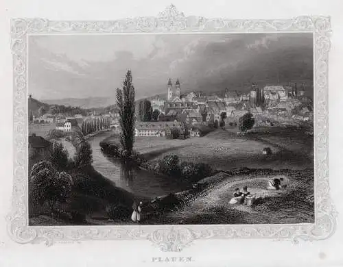 PLAUEN: Gesamtansicht mit Bordüre. Originaler Stahlstich um 1850
