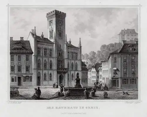 Greiz im Vogtland. Rathaus. Originaler Stahlstich, Heisinger um 1860