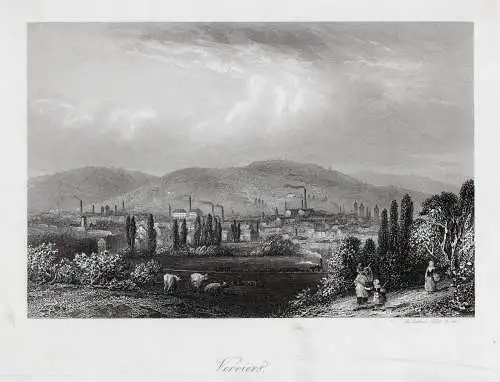 Verviers, Belgien. Gesamtansicht. Echter Stahlstich um 1850