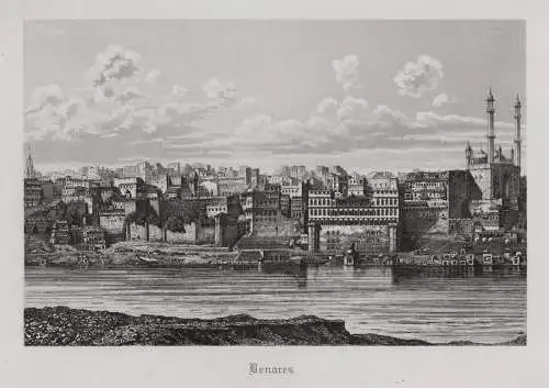 INDIEN: Benares / Varanasi. Blick über den Ganges Originaler Stahlstich um 1880